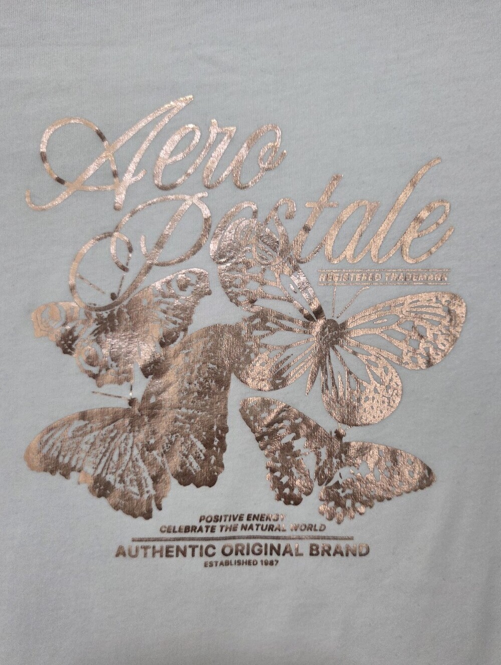 Aéropostale White Tee with Rose Gold Butterfly Foil Graphic Size Medium - Picture 2 of 7